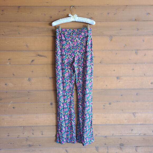ASOS Floral Pant Kick Flare 6 Psychedelic Flower Power Pull On Y2K Stretchy Boho - Picture 3 of 6